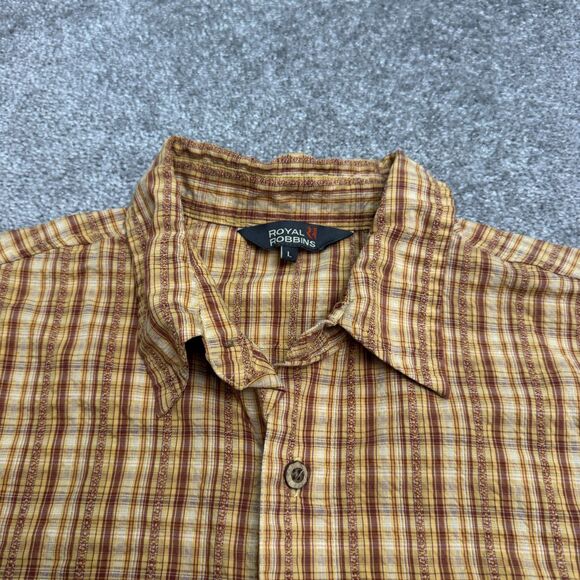 Royal Robbins Seersucker Organic Cotton Button Down Shirt Men Large Yellow Plaid - Picture 5 of 14